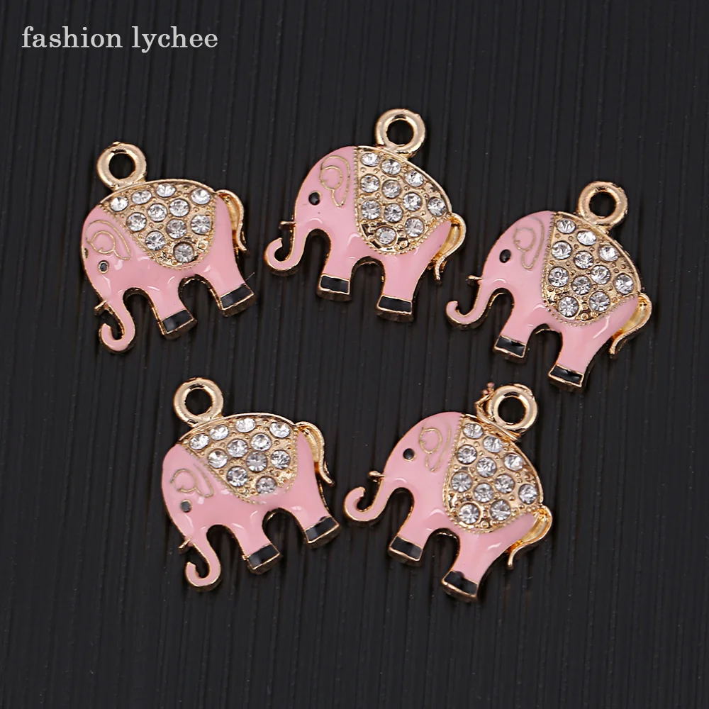

fashion lychee 5pcs Pink Color Enamel Animal Elephant Crystal Pendant For Women Necklace Earring Jewelry Making Charms