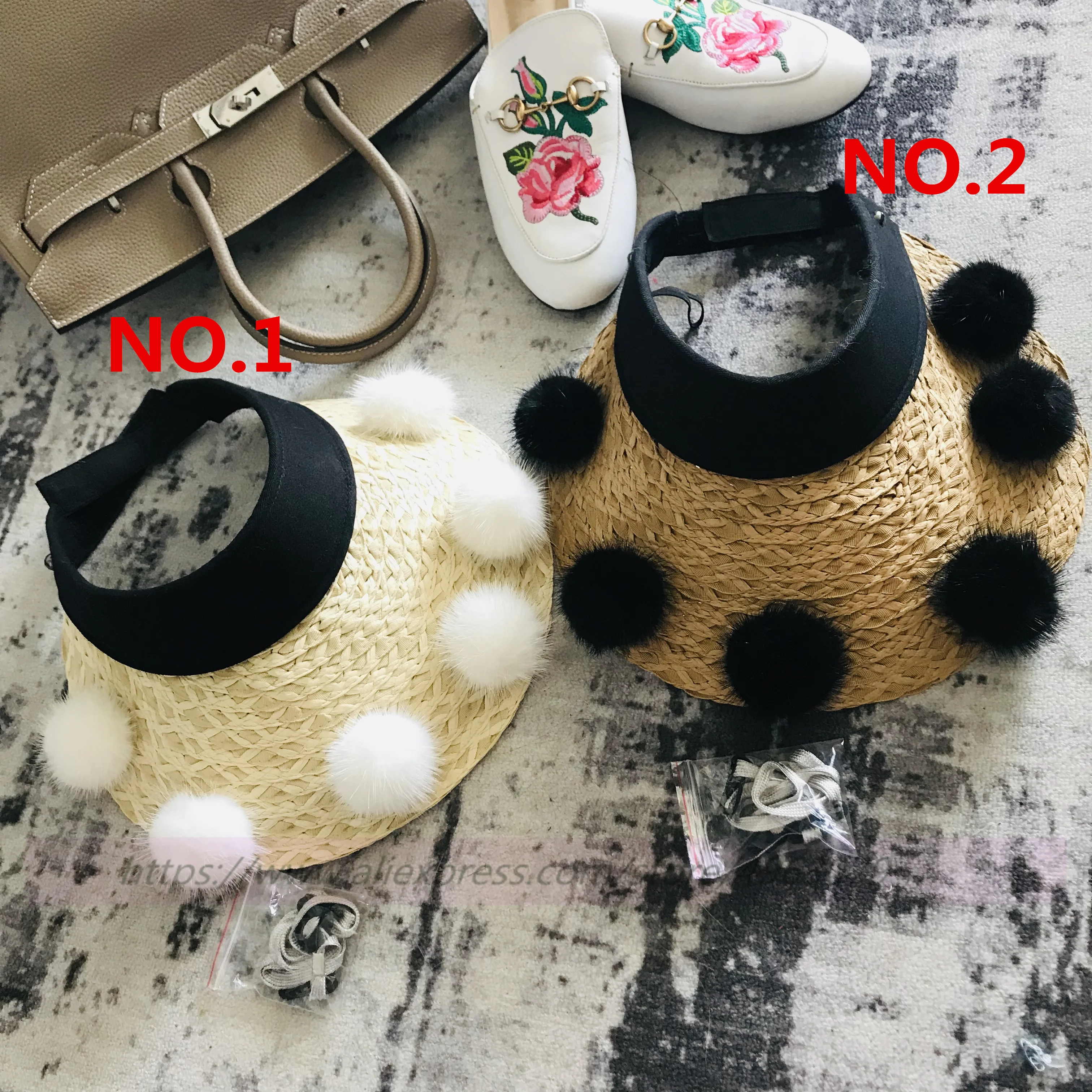 

Beach Straw Hat With Real Mink fur Pom Ball Women Summer Fashionable Handmade Casual Flat Brim Sun Hats