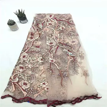 

Brown flowers Stones applique lace fabric high quality Latest african lace 2018 3D lace fabric for french wedding dress A1254-1