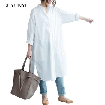 

GUYUNYI New 2018 Autumn Shirt Dress Simple Style Two Sides Open Cotton Round Neck Long Sleeve Loose White Dress CX1068