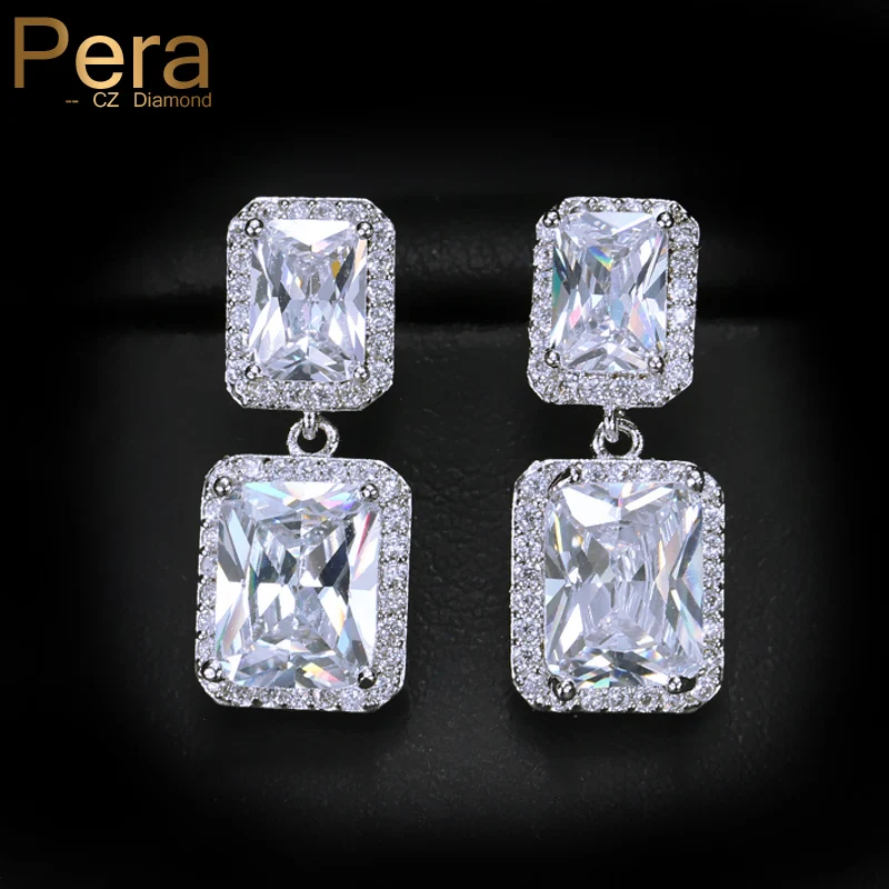 

Pera Classic Big Square Shape Cubic Zirconia Sparkling Silver Color Long Dangle Drop Earrings for Women Prom Party Jewelry E034