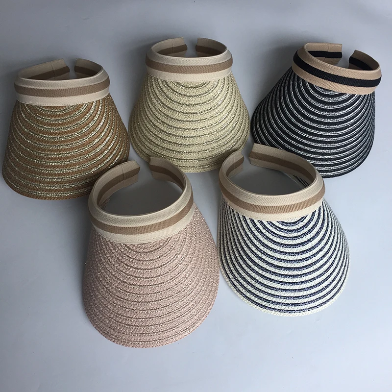 

Woman's Sun Hats Female Visor Caps Hand Made DIY Straw Striped Gold Thread Summer Cap Casual Sport Shade Hat Empty Top Hat Beach