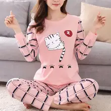 Зимняя Милая пижама с принтом кота из мультфильма с длинным рукавом из двух частей Домашняя одежда женские повседневные пижамы с круглым вырезом шеи