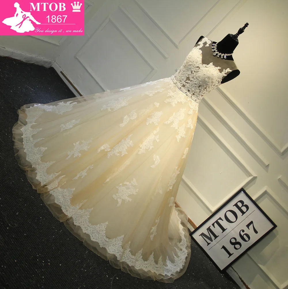 Элегантное кружевное свадебное платье трапециевидной формы со съемным поясом цвета шампанского; Robe De Mariage Vestido De Noiva Milla nova; MTOB1703