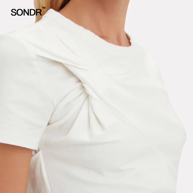 

SONDR 2019 New shoulder knot design elastic cotton cultivate one's morality show thin short money black white T-shirt female