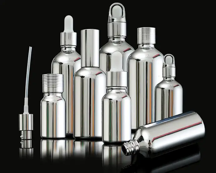 

15pcs 5-100ml 18/410 Cosmetic Silver Serum Vials, Essential Oil Dropper Glass Pipettes Bottle,Lotion Pump Tube, Perfume Atomizer