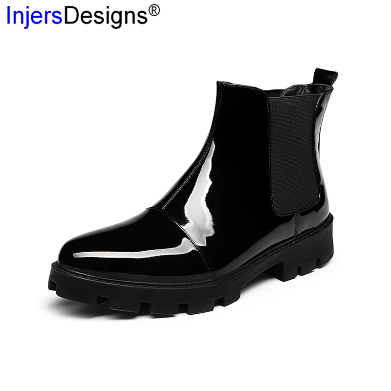 Botas de charol de marca a la moda para Hombre, botines de sin Chelsea, zapatos de cuero de negocios de alta calidad, color negro|Botinas| - AliExpress