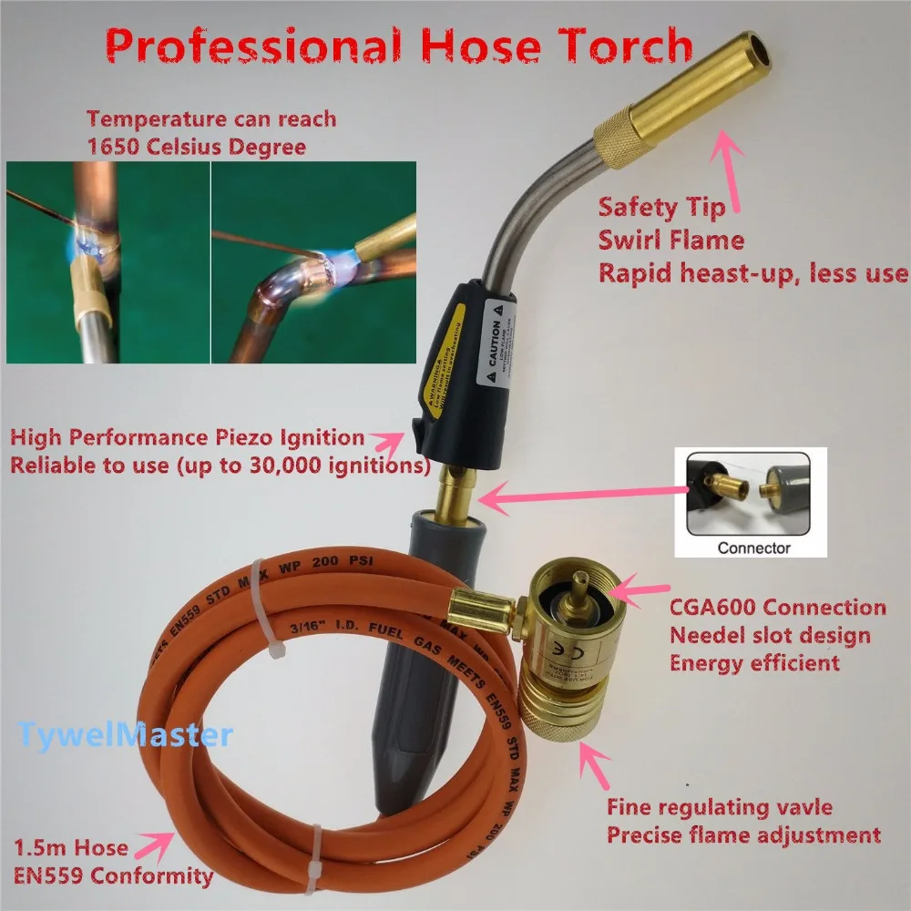 Braze Welding Torch Self Ignition 1.5m hose CGA600 connection suitable