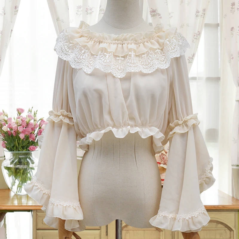 Женская шифоновая рубашка с длинным рукавом и кружевным воротником, элегантная винтажная блузка принцессы в стиле Лолиты, Базовая Блузка бежевого цвета