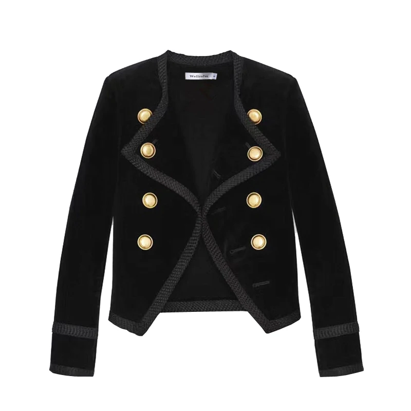 ZAWFL подиумная осенне-зимняя женская куртка пальто Дизайнерское черное бархатное двубортное тонкое короткое пальто с длинными рукавами