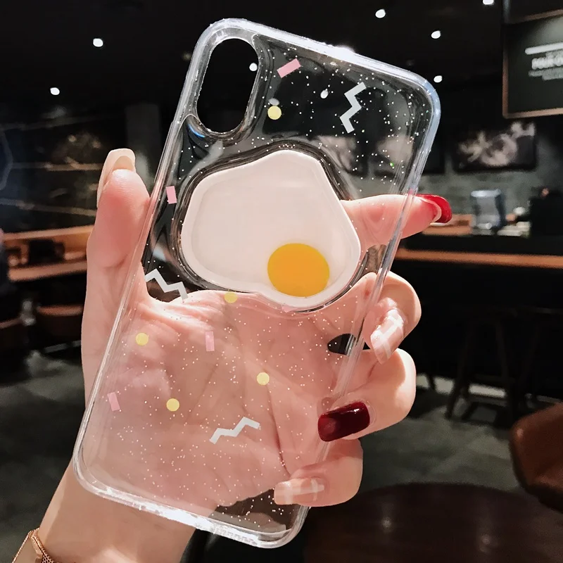 

Funny Moving Fried Egg Transparent Glitter Cover for iPhone XS Max XR Soft Silicon Case Funda for iPhone 8 7 6S Plus Capa Hoesje
