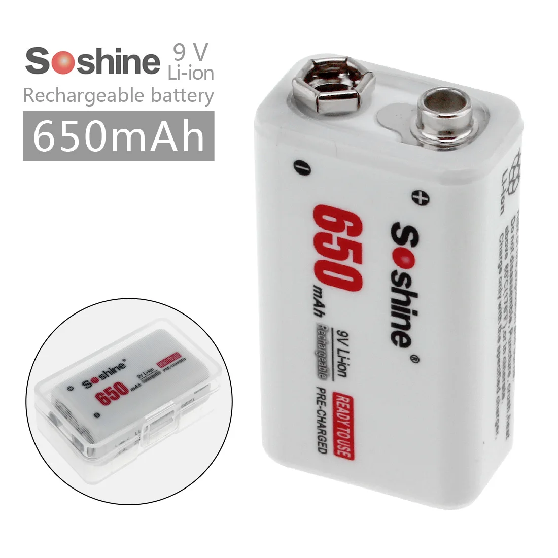 1 Piece Soshine 9V Rechargeable Battery 650mAh 9v battery li ion