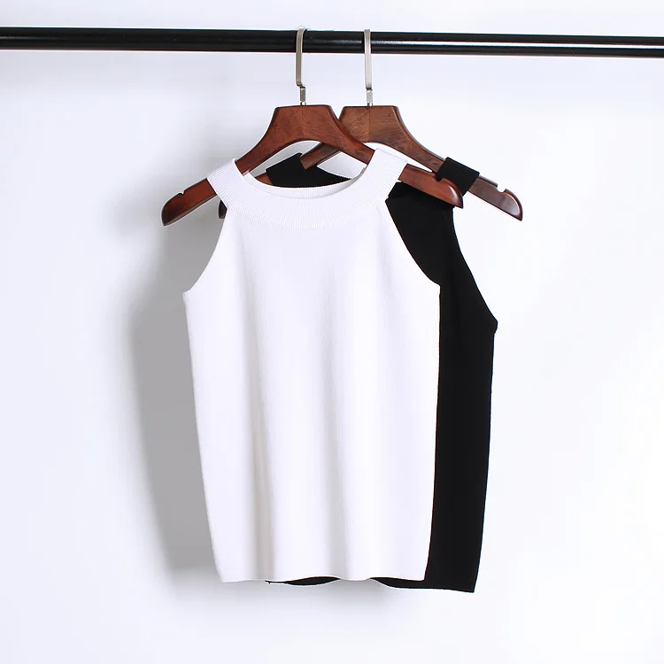 Summer Women Slim Knitting Halter Camisole Tops Female Bodycon Knitted Tanks Sleeveless Basic Solid T shirts 8017 black camisole