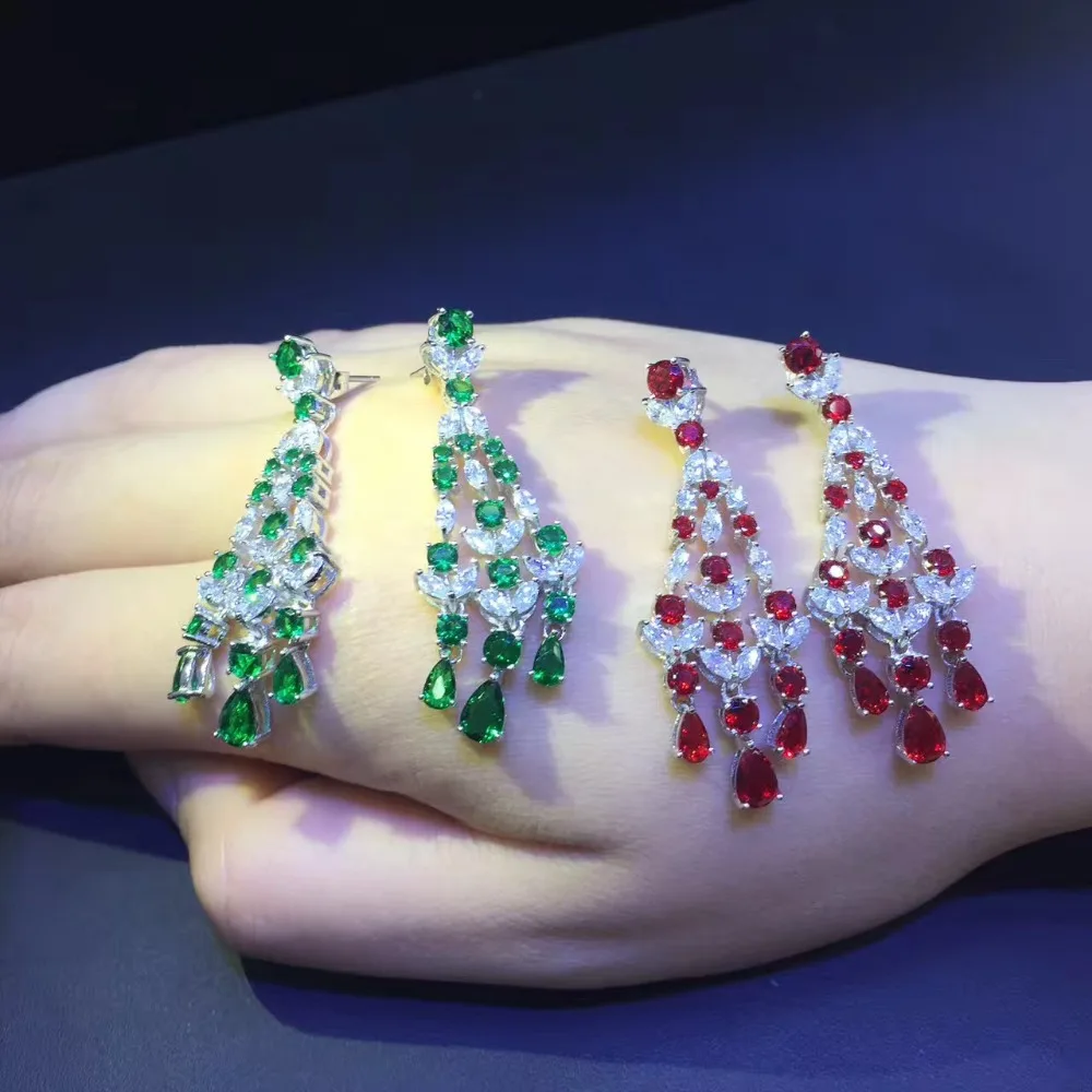 

red green color 925 sterling silver with cubic zircon drop earring fine women jewelry free shipping long earring