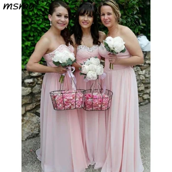 

Elegant A-Line Bridesmaid Dresses Sleeveless Pleat Sequined Chiffon Simple Cheap Long Bridesmaid Dresses Custom Made