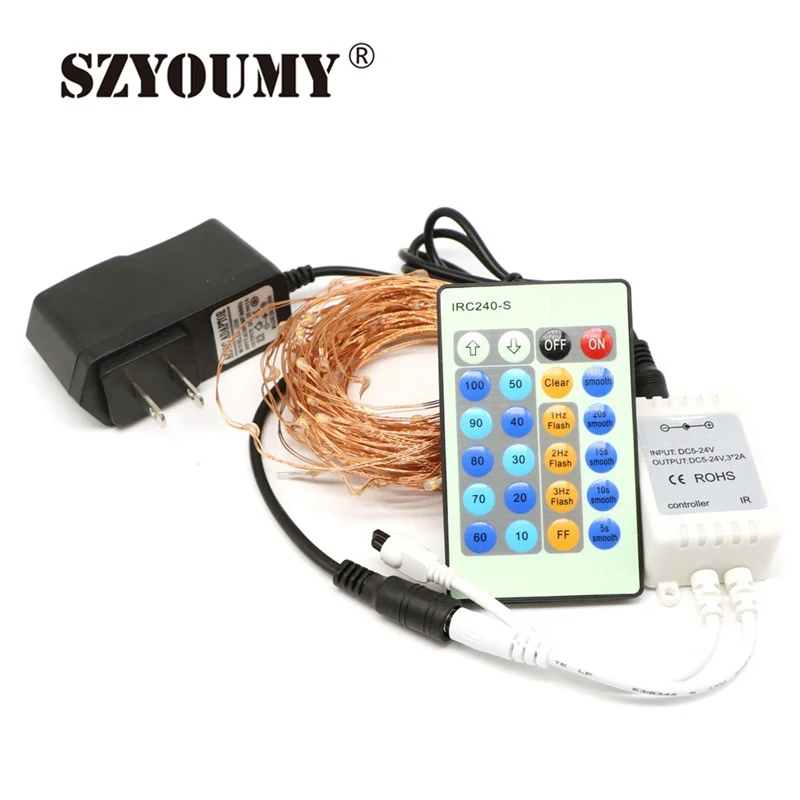 

SZYOUMY 3Ft 10m 100Leds Copper Wire Warm White LED String Lights Christmas New Year Starry Fairy Lights+AC/DC Adapter+Controller