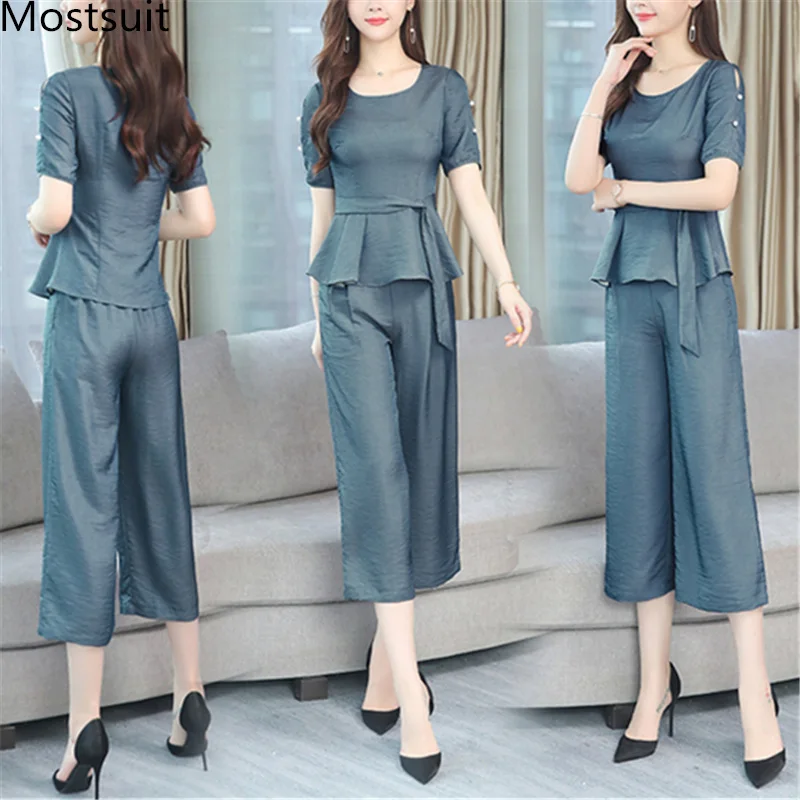 

M-3xl 2019 Summer Office Elegant Two Piece Sets With Belt Women Plus Size Short Sleeve Tops And Cropped Wide Leg Pants Suits