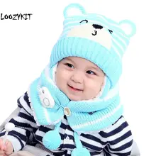 Loozykit 2 pcs Warm Hat Suit Baby Boy Girls Thermal Knitted Cartoon Bear Hat Scarf Toddler Winter Fleece Cap Set