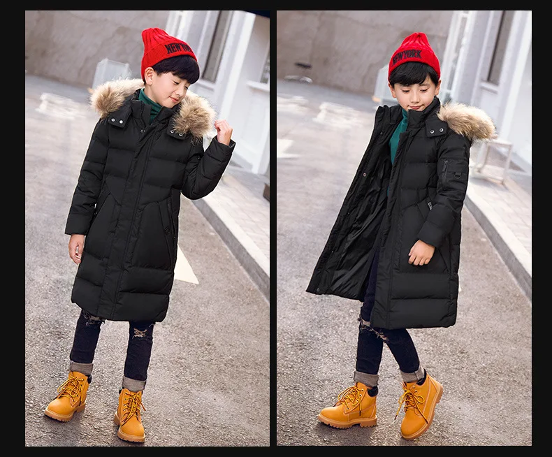 Зимняя куртка для мальчика, детские пуховики, повседневная одежда для мальчиков-подростков, г., детская теплая длинная пуховая парка с меховым воротником и капюшоном