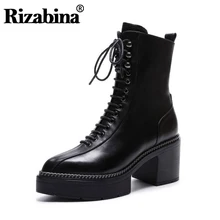 RIZABINA Women High Heels Boots Genuine Real Leather Platform Shoes Lace Up Half Boots Pointed Toe Winter Footwear Size 34-43