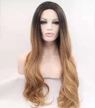 Premium brown ombre wigs dark roots Brazilian Long natural loose wave body wave synthetic lace front wig heat resistant fiber