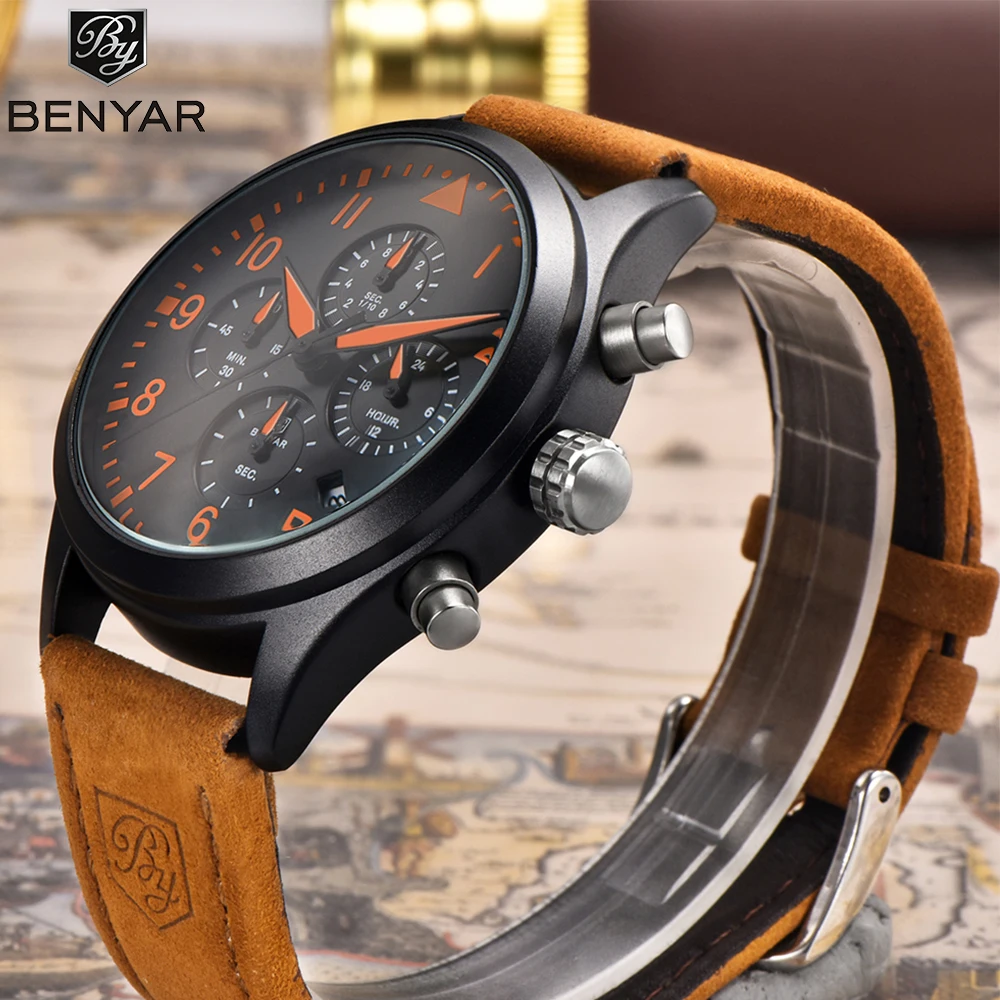 

BENYAR Top Luxury Brand Men Watches Men's Quartz Date Stop Watch Leather Strap Sports Black Wrist Clock Man Relogio Masculino