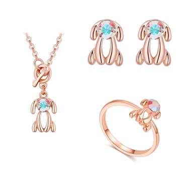 

2018 new Lovely dog necklace silver pin earrings Ring jewelry set with Czech stone for Christmas Gift wholesale bijoux