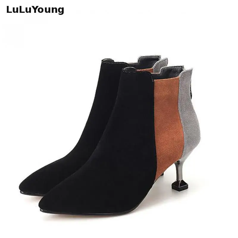 

2018 New Autumn High Heels Coloured Short Boots Pointed Martin Boots