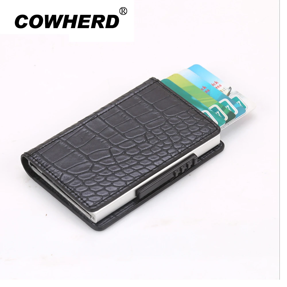 

Automatically Pop Up New Arrival Mini Aluminum Alloy Wallet ID Credit Card Holder RFID Small Metal Card Case Crocodile Pattern