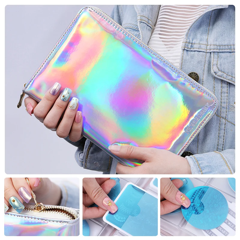 Preise NICOLE TAGEBUCH 1 Stück 72 Slots Holographische Stempel Vorlage Fall Halter Laser Silber Rosa Runde Rechteck Nailart Platte Organizer