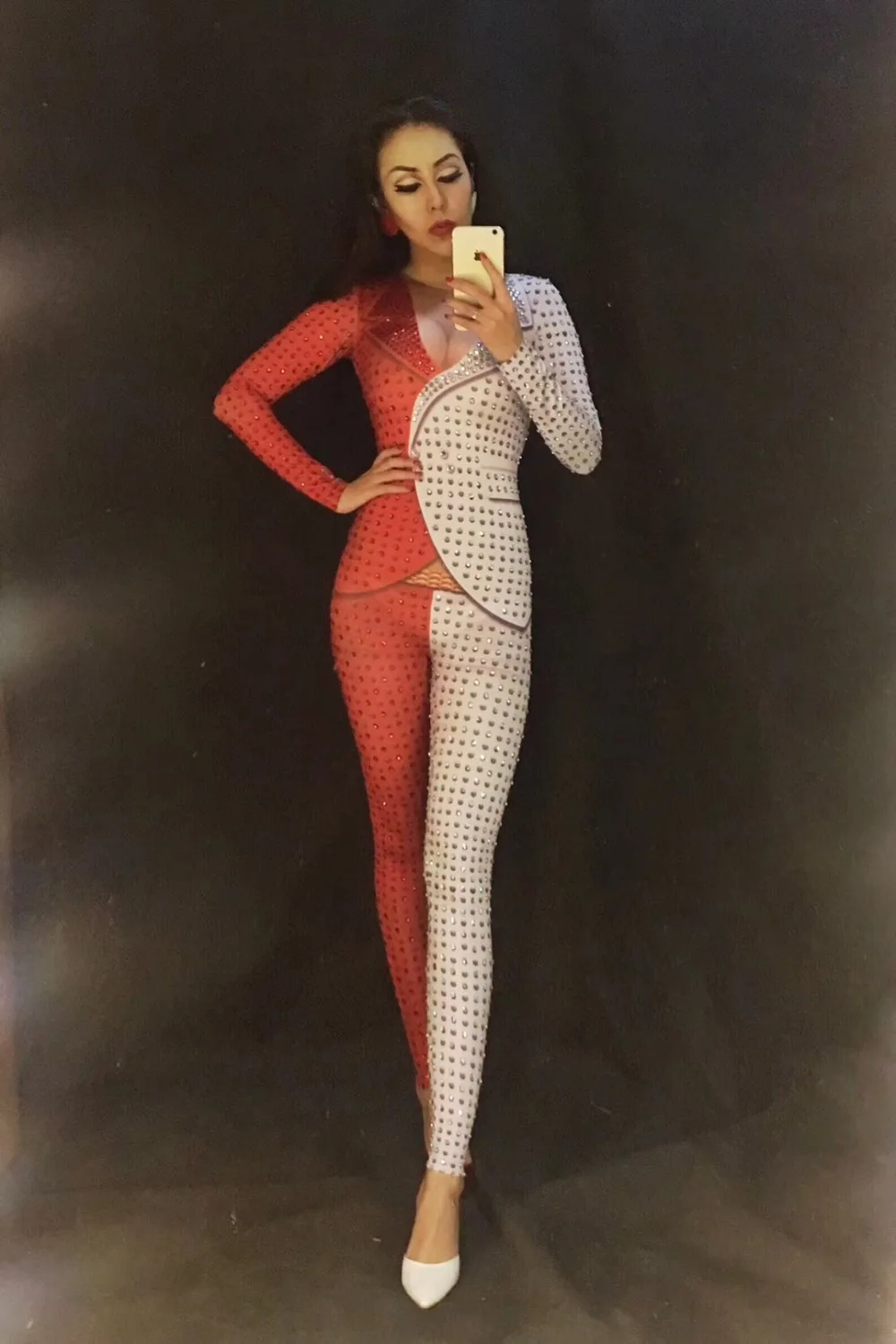 Красные и белые костюмы с рисунком комбинезон женский певец сексуальный сценический наряд боди цельный костюм Glisten стрейч-комбинезоны