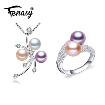 

FENASY Pearl Jewelry Sets Bohemian 925 sterling silver Pearl Pendant Necklace Earrings For Women Emerald natural ethnic earrings