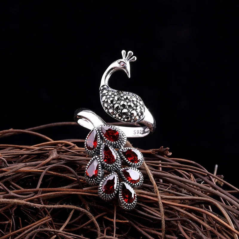 Genuine Solid Sterling Silver Peacock Ring 925 Wedding Womens Jewellery With Red Garnet Natural Stone Adjustable Fine Jewelry