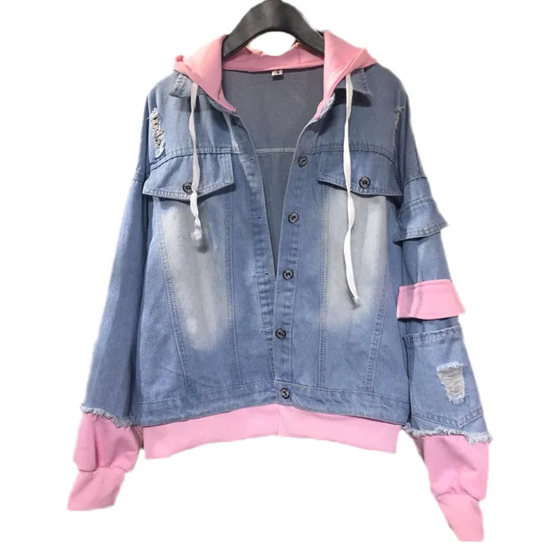 

Spring Denim Jacket Women 2019 Autumn New Fashion Stitching Denim Jacket Hooded Single breasted Hole Lady Cotton Coat JIA127