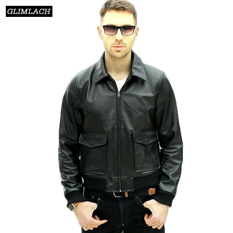 

Fashion Black 100% Cowskin Aviation Genuine Leather Flight Jacket Men Brand Luxury Slim Pilot Bomber Jacket Winter Leather Coats