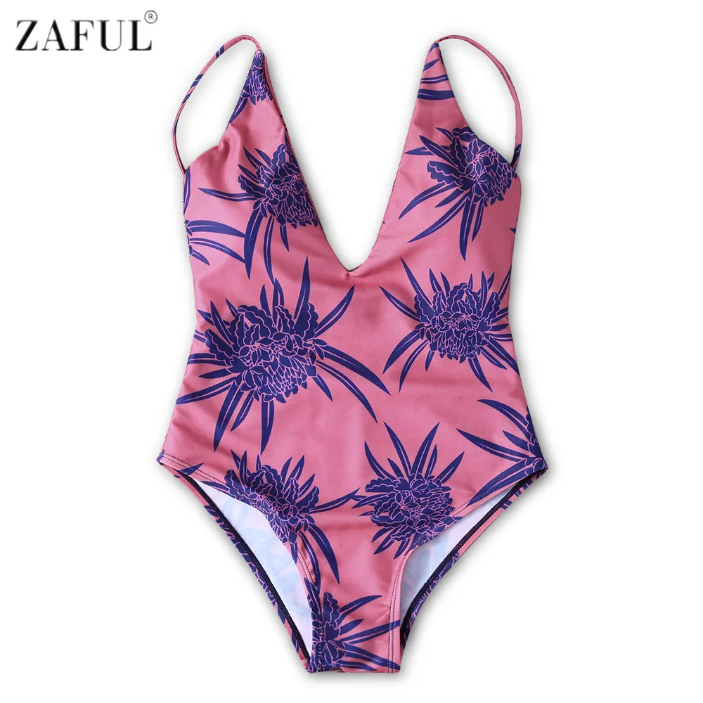 ZAFUL One Piece Swimsuit Women Swimwear Retro Print Plus Size V Neck