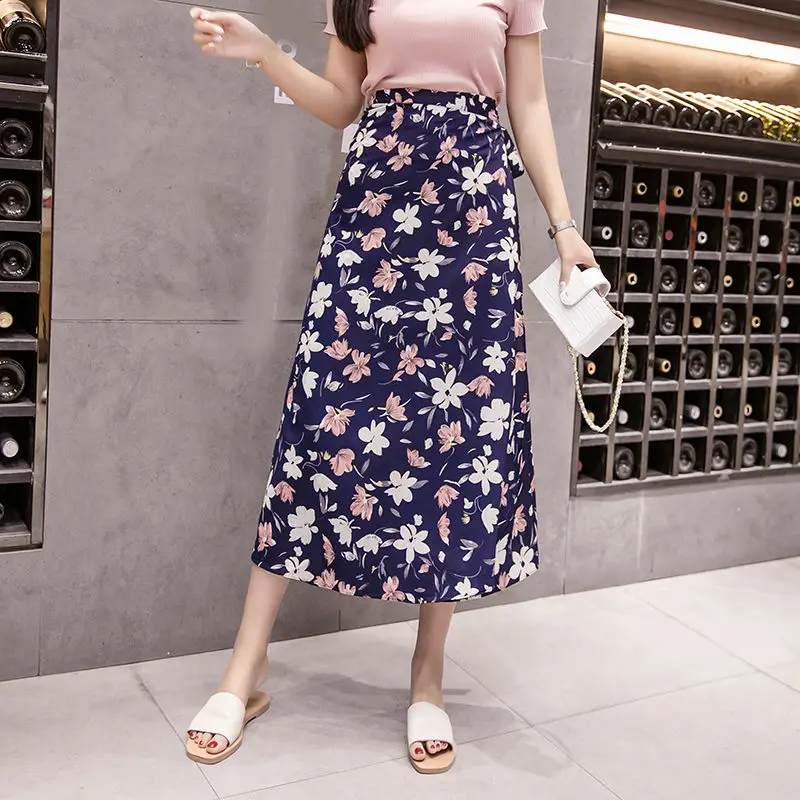 Summer Print Flower Chiffon Women Skirt Kawaii Korean Casual Empire Skirts Harajuku Mid-Calf Bow Cute High Waist Vintage Skirts