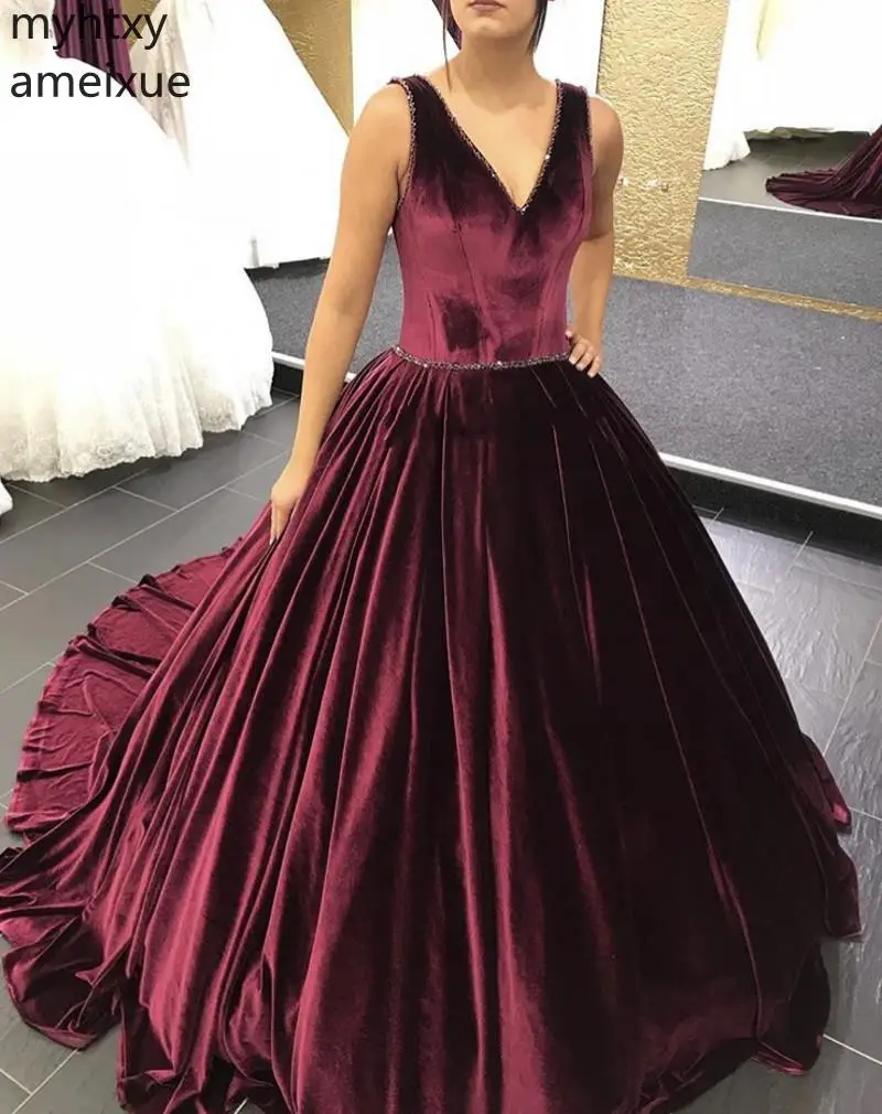 2021 Sexy Long Sleeve Court Plus Size Red Gown Evening Dress Train Burgundy Lace Applique Velvet Robe De Soiree | Свадьбы и