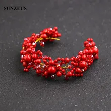 Красный ободок на голову с жемчугом с кристаллами ручной работы золотые металлические заколки для волос Свадебная заколка для волос аксессуар SQ0271