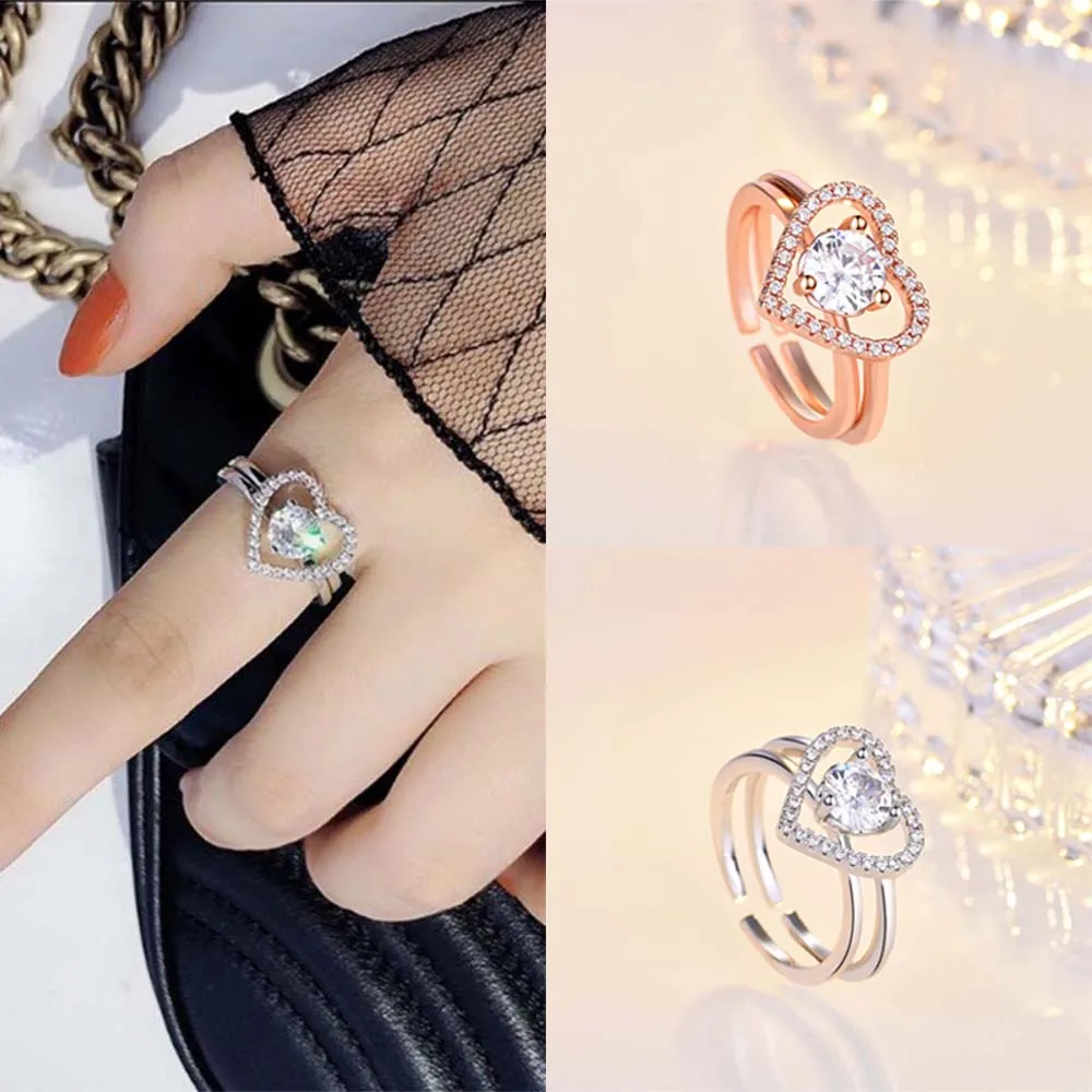 

Crystal Love Heart Wedding Rings 2 in 1 Opening Adjustable Rings Shiny Zircon Circle Women Glamour Jewelry Gift