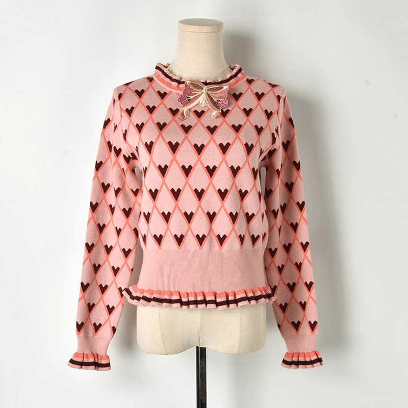 Warmsway pull femme, новинка, зимняя водолазка, высокая талия, бант, вышивка, вязаный свитер для женщин, с узором в виде сердца, топ, C-304 - Цвет: Розовый