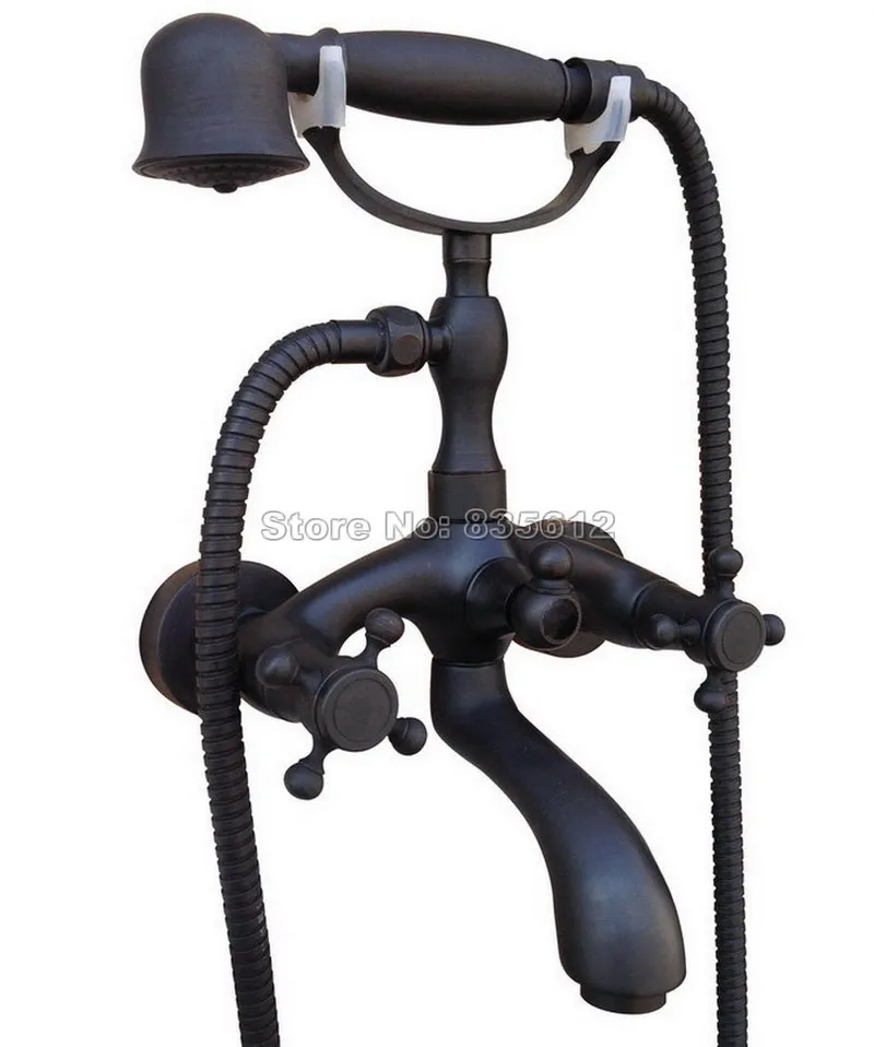 

Wall Mounted Dual Handles Bathroom Black Oil Rubbed Bronze Bath Tub Faucet with Telephone Style Handheld Shower Mixer Tap Wtf704