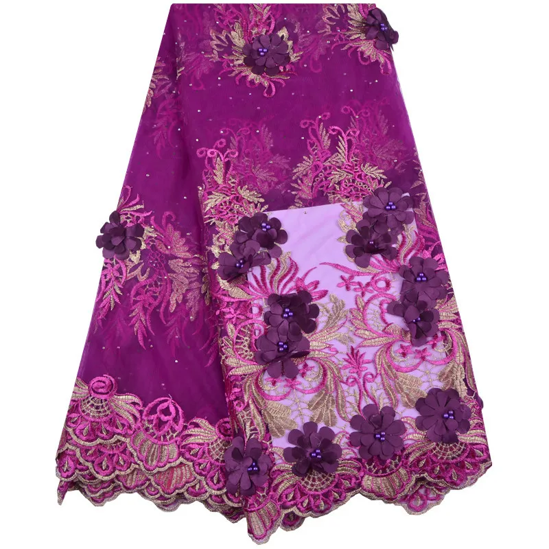 

5Yards/Lot High Quality Lilac Purple Red African French Net Lace Fabric With Delicate Embroidery And 3D Flowers For Party 1312