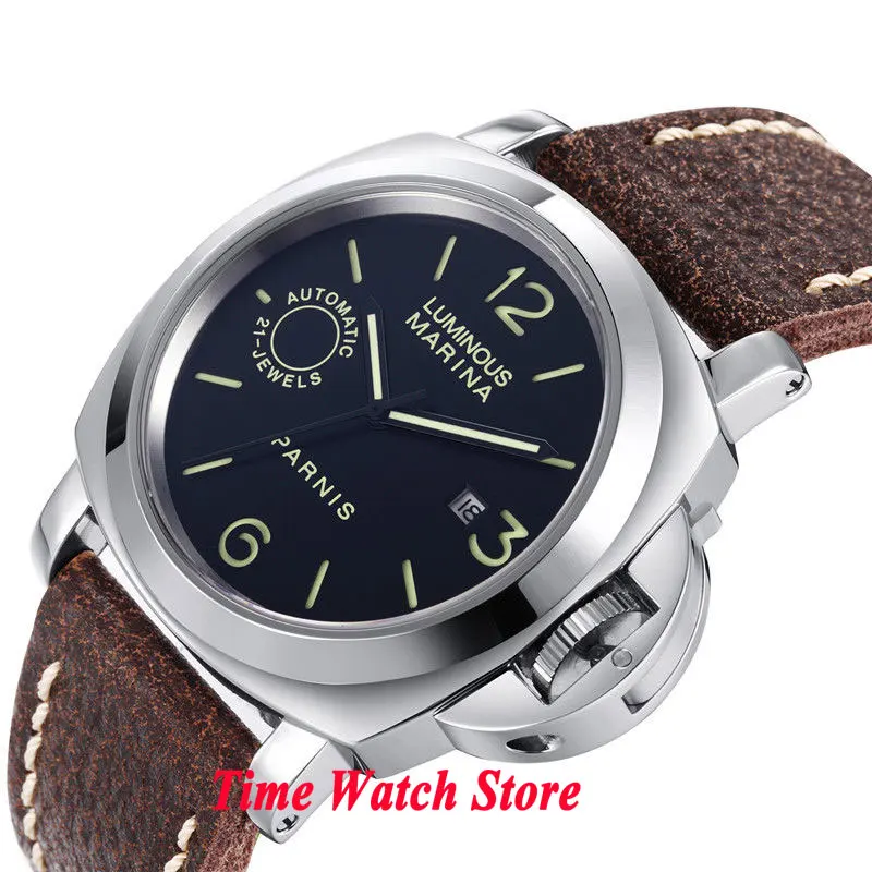 

44mm Parnis Luxury Quality black mechanical automatic wrist watch men waterproof diver pilot sapphire luminous leather PA939