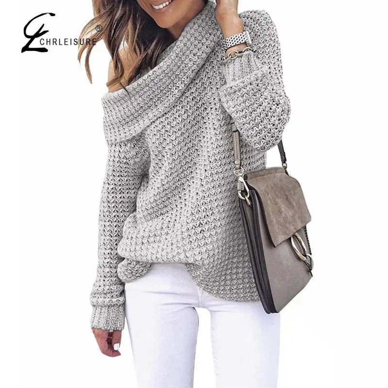 

CHRLEISWomen's Sweater Sexy Word Collar Large Lapel Loose Knit Sweater Solid Color Women's Sweater