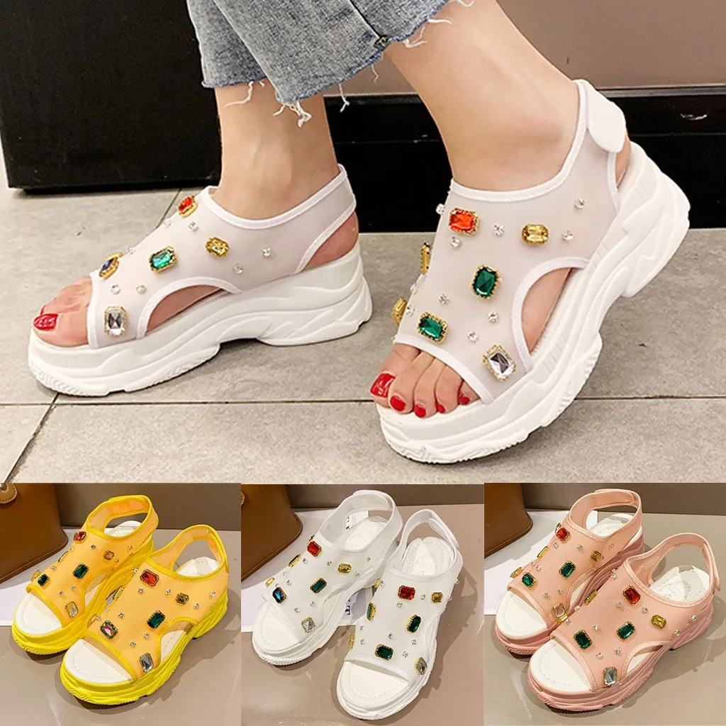 

Female Transparent Colorful String Bead Open Toe Hollow Out Women Summer Rhinestone Platform Hook & Loop Sandalias Casual Shoes