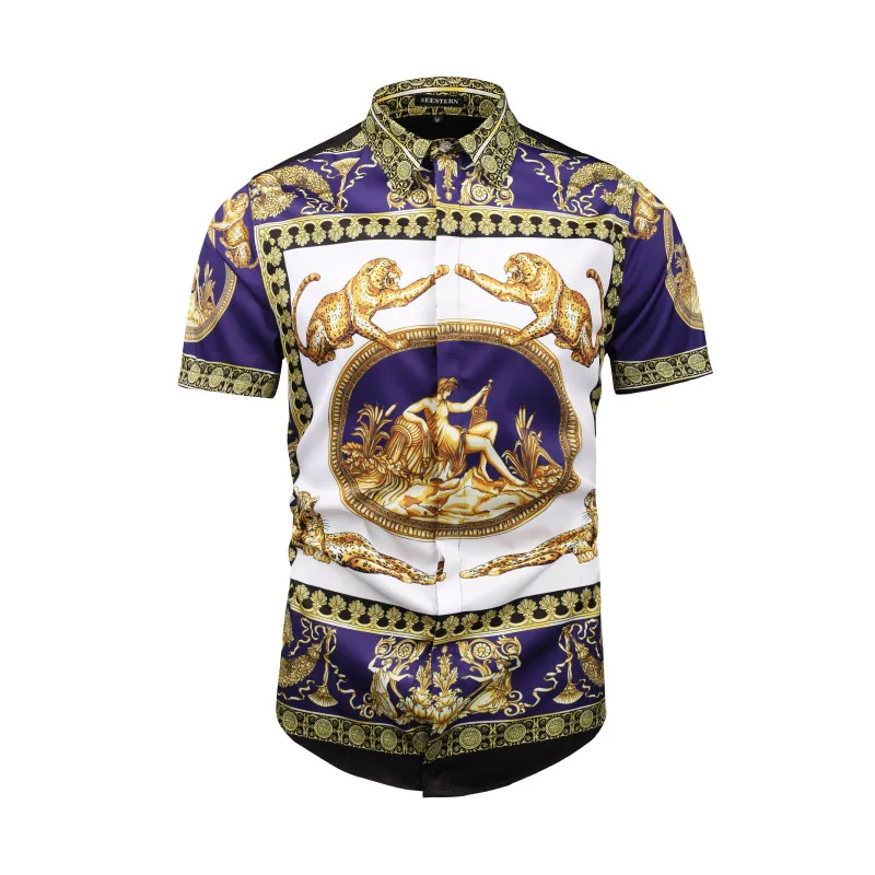 

Seestern brand clothing New short sleeves men's shirt printing Leopard Greek god character fashion Western youth man shirt tops