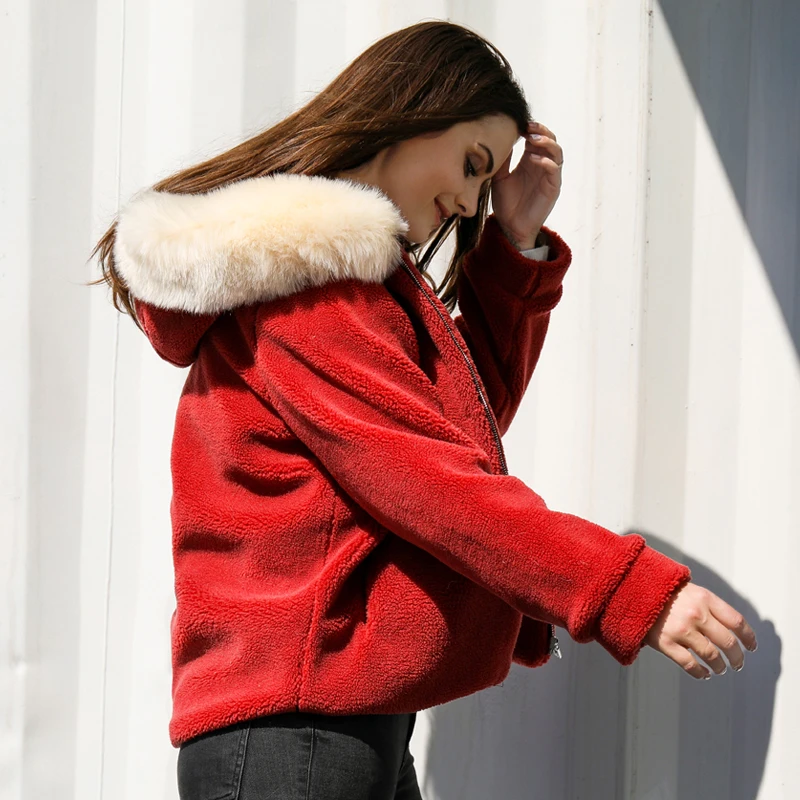 

2019 New Faux Fur Coat With Hood High Waist Fashion Slim Red Blue Khaki Faux Fur Jacket Fake Rabbit Fur Outerwear