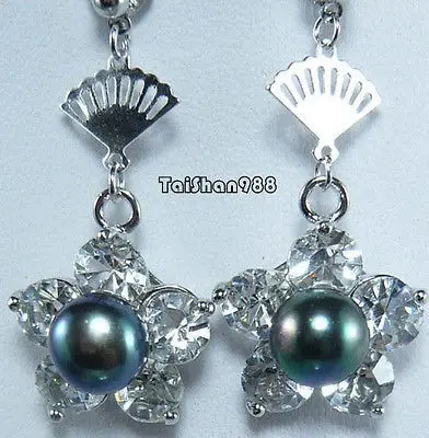 

Hot sale Free Shipping>>>>Real Black Pearl 18KWGP Crystal Star Fans Earrings