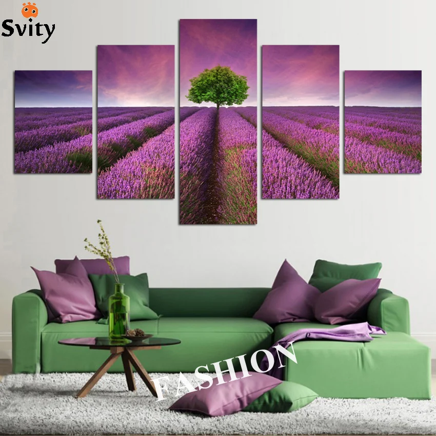 

NO frame 5 pcs Provence Lavender Modular flowers pictures print on canvas home decor wall art painting free shipping Hot Sale